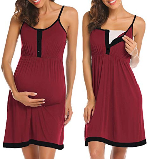 Ekouaer Breastfeeding Dress Nightgown Maternity Nightgown for Hospital Button Nightdress Wine Red Ekouaer Breastfeeding Dress Nightgown Maternity Nightgown for Hospital Button Nightdress Wine Red