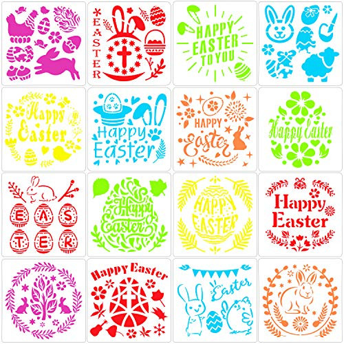 Konsait 16Pack Easter Drawing Stencils Templates, Washable Plastic Painting Stencils Easter Decorations Templates Eggs Bunny Stencils for Easter Party Kids Gifts Painting On Wood Cards Window Crafts