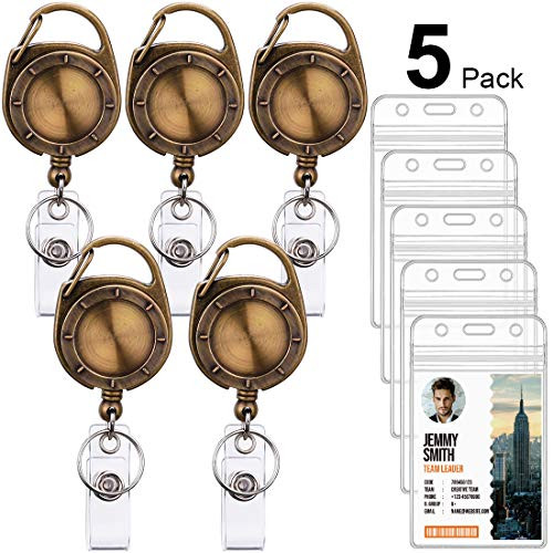 Ktrio 5 Pack Badge Holders with Badge Reels Retractable, Clear Plastic ID Card Badge Holder ID Badge Reel, ID Holders for Badges Work Badge Holder Name Tag Holders for Nurse, Office & Lanyard, Brown