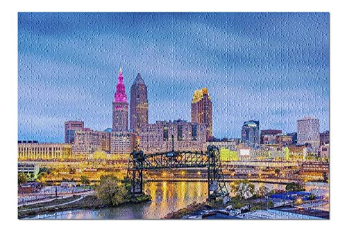 Cleveland, Ohio - City Skyline at Night with Lit Buildings 9004690 (Premium 1000 Piece Jigsaw Puzzle for Adults, 19x27)