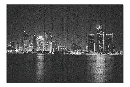 Detroit, Michigan - Night Skyline Black and White - Photography A-92371 (Premium 1000 Piece Jigsaw Puzzle for Adults, 19x27)