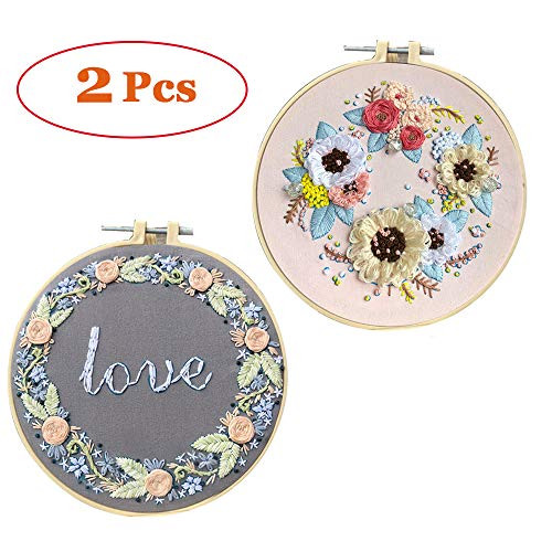 LCHULLE 2 Pack Embroidery Starter Kit With Stamped Pattern DIY Beginner Kit For Art Craft Handy Sewing Decor Include Floral Pattern Embroidery Cloth, Embroidery Hoop, Color Threads, Tools, Instruction