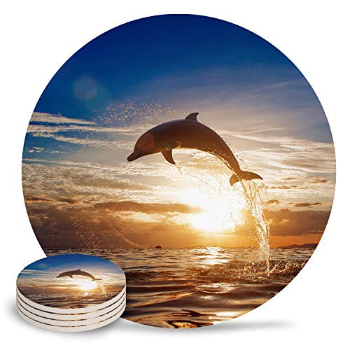 Ceramic Coaster 4-Piece Absorbent Stone Coasters with Cork Base Leaping Dolphin Sunrise Background Coasters Mats for Cold Drinks Coffee Mugs Glass Cup Place Ceramic Coaster 4-Piece Absorbent Stone Coasters with Cork Base Leaping Dolphin Sunrise Background Coasters Mats for Cold Drinks Coffee Mugs Glass Cup Place