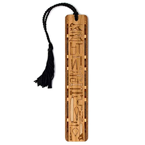 Hand Tools Collection - Engraved Handmade Wooden Bookmark with Tassel - Search B07QG6WWQH to See Personalized Version