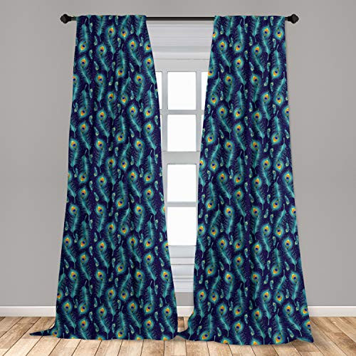 Ambesonne Peacock Curtains 2 Panel Set, Graphic Peacock Bird Feathers Background Designed Image, Lightweight Window Treatment Living Room Bedroom Decor, 56" x 84", Navy Blue