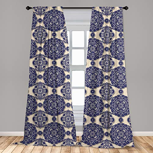 Ambesonne Mandala Curtains, Ornamental Flower Pattern Shadow Effect Royal Retro Revival Medieval Exotic, Window Treatments 2 Panel Set for Living Room Bedroom Decor, 56" x 95", Navy Blue