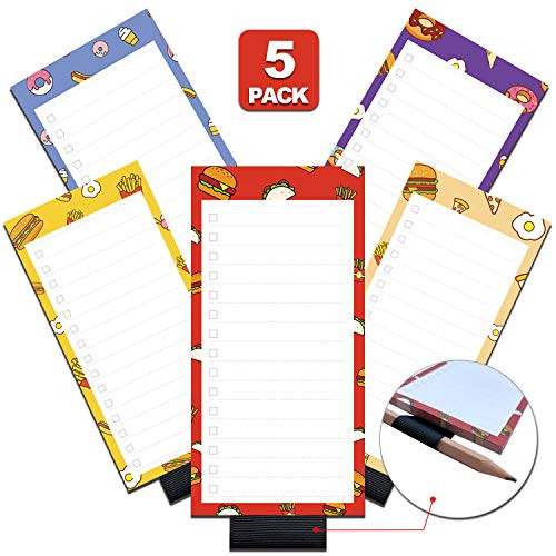 5 Pack Magnetic Notepads with Pen Holder for Fridge, Full Magnet Back Notepad, To Do List, Grocery Shopping, Fast Food Theme, 6 x 3 Inches, 50 Sheets, Memo Pad for Fridge, Locker, File Cabinet, etc