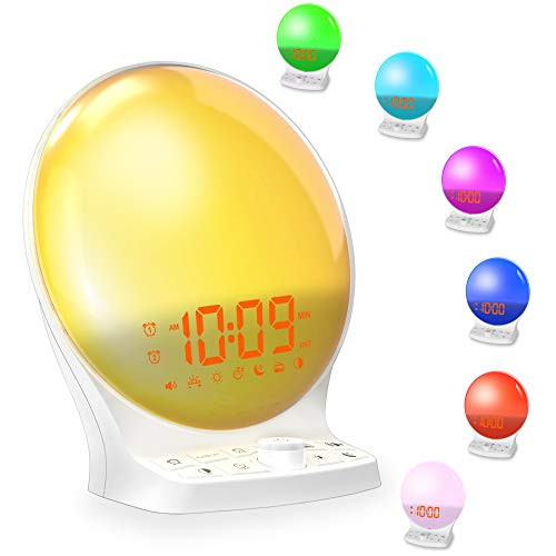 Wake Up Light Alarm Clock Radio,Digital Sunrise Clock with 9 Alarm Sounds&6 Sleep Sounds Machine,FM Radio&Sleep Timer,7-Color Night Light,USB Phone Charger,Plug in Loud Clock for Heavy Sleeper,Bedroom