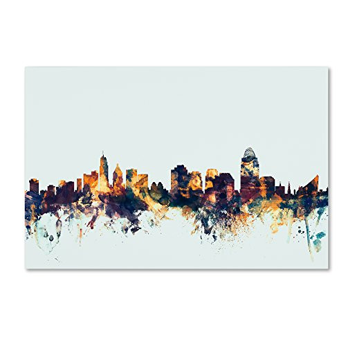 Cincinnati Ohio Skyline Blue by Michael Tompsett, 12x19-Inch Canvas Wall Art
