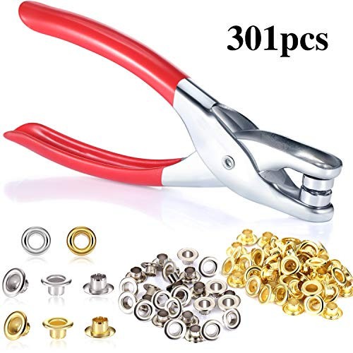 1/4 Inch Grommet Eyelet Setting Plier, Eyelet Hole Punch Pliers Kit with 300 Metal Eyelets, Grommet Tool Kit for Leather Clothes Belt