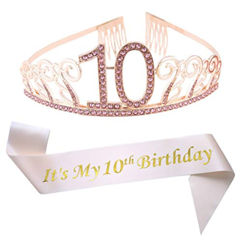 10th Birthday Pink Tiara and Sash Glitter Satin Sash and Crystal Rhinestone Tiara Crown for Happy 10th Birthday Party Supplies Favors Decorations 10th Birthday Party Accessories