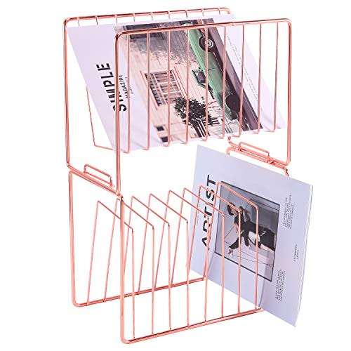 Nugorise File Sorter, 2 Tier Stackable Magazine Holder, Metal Desk Organizer Rack for Letter, Document, Folder, Book and More, Rose Gold