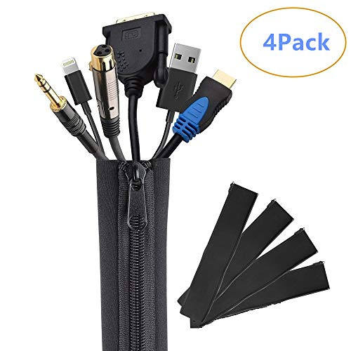 Cable Sleeve, 4Pcs DIY Neoprene Cable Management Sleeve with Zipper Wrap Wire Hider Cover Organizer for TV, Computer, Office, Home Entertainment