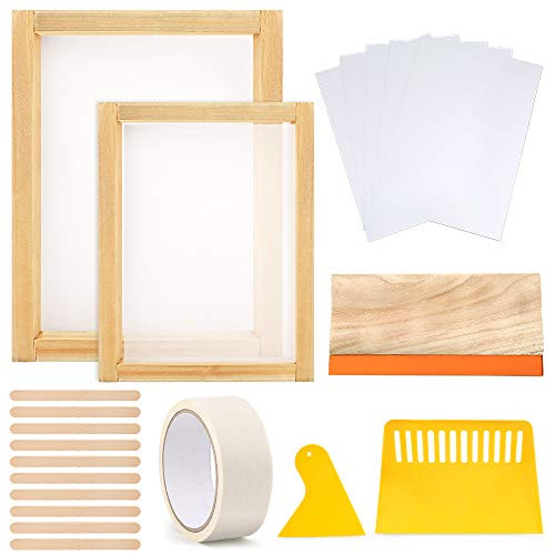 PP OPOUNT 21 Pieces Screen Printing Starter kit Include 8 x 10 Inch and 10 x 14 Inch Wood Silk Screen Printing Frame with Mesh, Screen Printing Squeegees, Inkjet Transparency Film and Mask Tape
