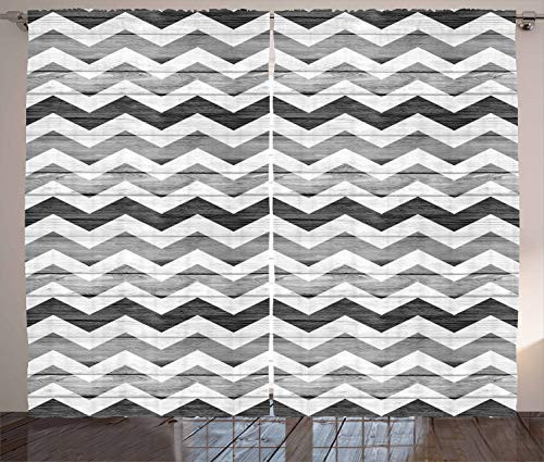 Ambesonne Grey Curtains, Chevron Striped Zigzag Pattern on Rustic Wooden Planks Design Monochrome Print, Living Room Bedroom Window Drapes 2 Panel Set, 108" X 90", White Grey