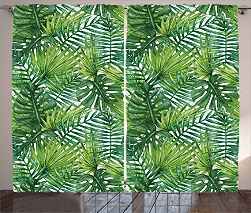 Ambesonne Leaf Curtains, Tropical Exotic Banana Forest Palm Tree Leaves Watercolor Design Image, Living Room Bedroom Window Drapes 2 Panel Set, 108" X 63", Green