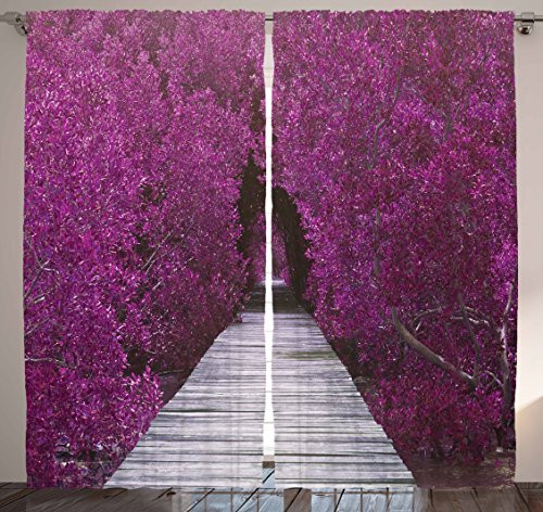Ambesonne Nature Curtains, Purple Flower Trees Aisle Panoramic Prospective View Picture Print Spring Landscape, Living Room Bedroom Window Drapes 2 Panel Set, 108" X 90", Purple Grey
