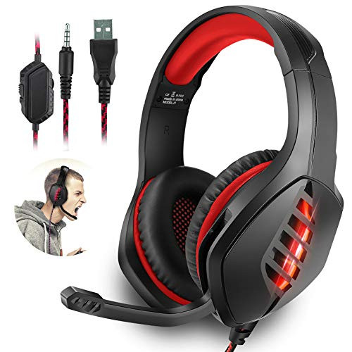 Stereo Surround Sound Gaming Headset Compatible with PS4 Xbox One Nintendo Switch PC Laptop, Noise Canceling Over-Ear Game Headphones with Mic LED Light Soft Memory Earmuffs