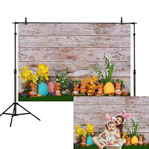 Allenjoy 7x5ft Spring Easter Backdrop Bunny Colorful Eggs Flower Grass Wood Wall Photography Background Holiday Party Supplies Dessert Table Banner Home Decoration Photo Booth Prop