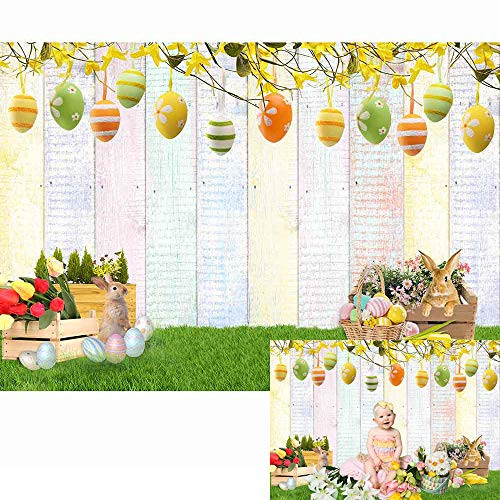 Allenjoy 7x5ft Spring Easter Backdrop Floral Green Grass Bunny Eggs Flower Rabbit Colorful Wooden Wall Photography Background Party Supplies Banner Decoration Kids Portrait Photo Studio Booth Props