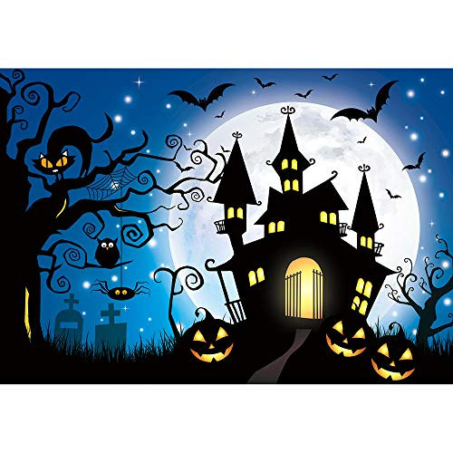 Allenjoy 7x5ft Halloween Backdrop Monsters and Ghosts Hostel Night Sky Full Moon Bat Photography Background Costume Dress-up Party Supplies Pumpkin Lantern Decorations Banner Photo Booth