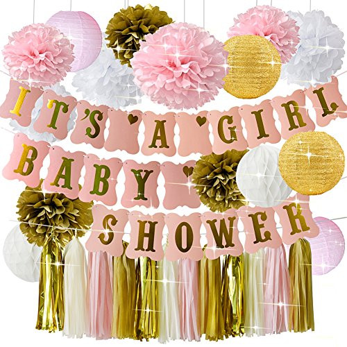HappyField Baby Shower Decorations for Girl Pink Gold Baby Shower ITS A Girl Banner Tissue Pom Poms Paper Lanterns Paper Honeycomb Balls Tissue Tassel Party Supplies