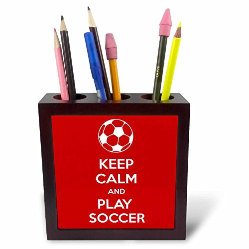3dRose ph_159642_1 Keep Calm and Play Soccer Soccer Lovers Goalie Red Tile Pen Holder, 5-Inch