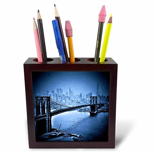 3dRose ph_21673_1 Vintage 1915 Brooklyn Bridge in Blue-Tile Pen Holder, 5-Inch
