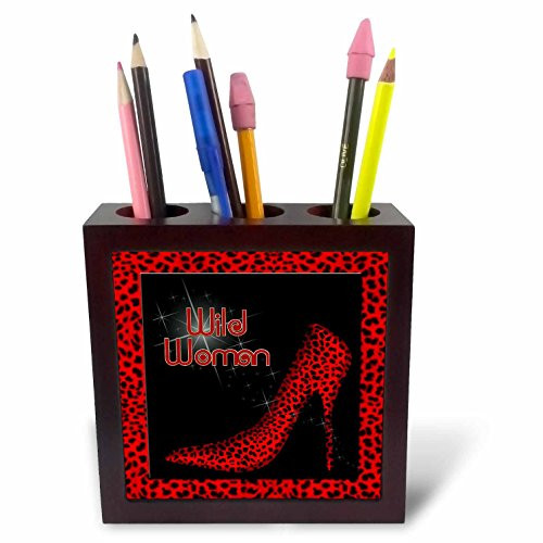 3dRose ph_21803_1 Red Cheetah Print Wild Woman Stiletto Pump and Bling Tile Pen Holder, 5-Inch
