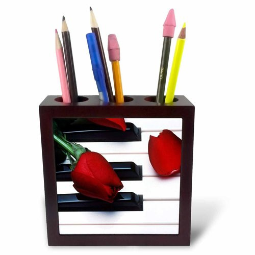 3dRose ph_56956_1 Red Tulips on Piano Keys-Tile Pen Holder, 5-Inch