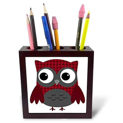 3dRose ph_61031_1 Cute Ruby Red Houndstooth Patterned Owl Tile Pen Holder, 5-Inch