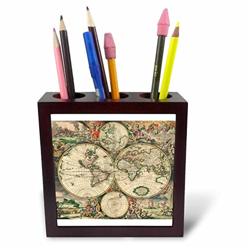 3dRose LLC World Map 1689 5-Inch Tile Pen Holder