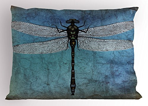 Ambesonne Dragonfly Pillow Sham, Grunge Vintage Old Backdrop and Dragonfly Bug Ombre Image, Decorative Standard Size Printed Pillowcase, 26" X 20", Turquoise Blue
