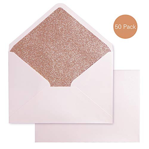 PONATIA 50 Pieces/Lot A7 Gold Glitter Envelopes, 5.25 x 7.5 inches, Perfect for 5''x7'' Weddings, Invitation Cards,Graduation Invite (Pearl Ivory+Rose Gold Glitter)