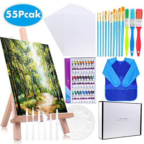 Paint Set for Kids, Paxcoo 55 Pieces Kids Painting Set Acrylic Painting Supplies Kit with Wood Easel, Art Canvas, Acrylic Paints, Paint Brushes, Paint Tray, Paint Knives, Smock for Beginners, Kids