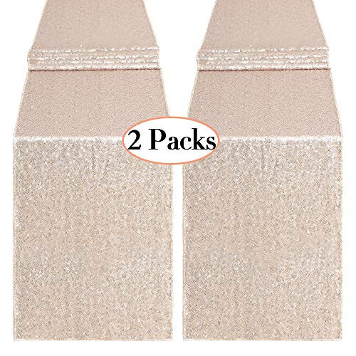 QueenDream Sequin Table Runner 14X80inch Champagne Blush Tablecloth Rectangle Wedding Tablecloth Set of 2 Pieces
