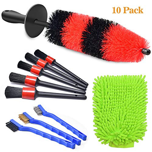 VIGRUE 10Pcs Wheel Brush Kit - Long Soft Bristle Wheel Rim Brush, 5 Sizes Boar Hair Car Detailing Brushes, Large Size Premium Microfiber Wash Mitt and 3Pcs Mini Wire Brushes for Complete Car Cleaning