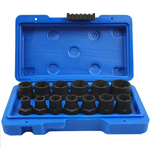 MIKKUPPA Bolt Extractor Socket Set - 13+1 Pieces Impact Bolt & Nuts Remover Tool Set - Bolt Remover Tool Set with Hex Adapter