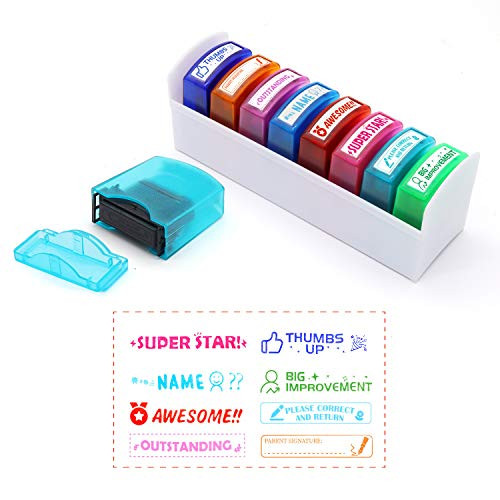 Reliancer 8PCS Teacher Stamp Set Colorful Self-Inking Motivation School Grading Stamps Encouraging Comments Classroom Homework Rating Stamp Office Stationery Stamps with Storage Tray (8PCS-B)