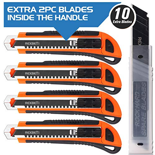 REXBETI 4-Pack Utility Knife with Extra 10 Blades. Industrial Grade Heavy Duty Retractable Box Cutter for Cartons, Cardboard and Boxes, Ultra Sharp Black Blade, Blade Storage Design