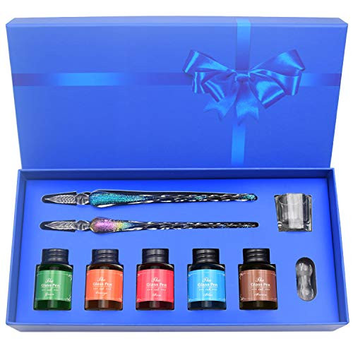 AIVN Glass Dip Pen Set - Calligraphy Pens Set for Drawing & Writing. Includes 2 Glass Pens, 5 Bottle Inks, Pen Holder, Cleaning Cup and Introduction Booklet