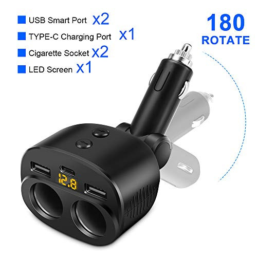 USB C Car Charger Splitter Adapter, Rocketek 2 Sockets Cigarette Lighter Splitter Type C Multi Power Outlet 12V/24V DC Outlet with LED Voltmeter Switch Dual USB Port for Phone Tablet GPS Dash Cam