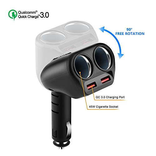 Rocketek Cigarette Lighter Splitter Dual USB Quick Charge 3.0 Car Charger Adapter with 2 Way Car Outlet Splitter Adapter, 90W 12V/24V DC Outlet 2-Socket Car Cigarette Lighter DC Splitter for Car