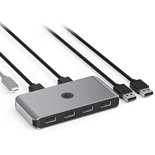 USB 2.0 Switch Selector, Sharing 4 USB Devices Peripheral Switcher Box for PC, Printer, Scanner, Mouse, Keyboard with One Button Swapping and 2 Pack USB A to A Cable Compatible with Mac/Windows/Linux