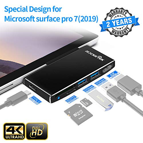 Microsoft Surface Pro 7 Dock hub, Rocketek 6-in-2 New Surface Pro 2019 USB C Hub Adapter with 4K HDMI USB 3.0 Ports(5Gps), USB C Port, SD/TF(Micro SD) Card Reader for MS Surface Pro 7 Accessories