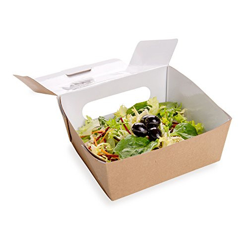 Cafe Vision 41 oz Rectangle Kraft Paper Large Bio Lunch Box - Two Windows - 5 1/4" x 6" x 2 1/2" - 50 count box - Restaurantware