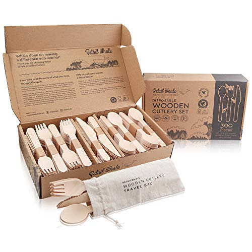 Disposable Wooden Cutlery Set  Compostable, Eco Friendly, Biodegradable Cutlery, Plastic Alternative  120 Wooden Forks, 120 Wooden Spoons, 60 Wooden Knives  Disposable Utensils Set by Retail Whale