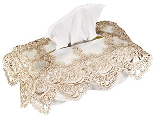 Linens, Art and Things Decorative Embroidered Rectangular European Gold Lace Tissue Box Cover 26 x 12 x 11 cm