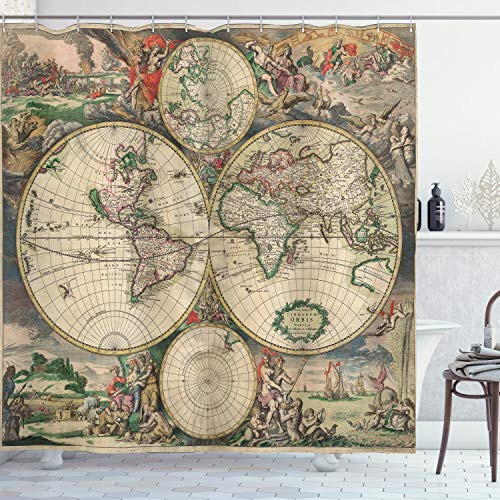 Ambesonne World Map Shower Curtain, Antique Design with Renaissance Continents and Hemispheres Vintage Art, Cloth Fabric Bathroom Decor Set with Hooks, 70" Long, Beige Green Ambesonne World Map Shower Curtain, Antique Design with Renaissance Continents and Hemispheres Vintage Art, Cloth Fabric Bathroom Decor Set with Hooks, 70" Long, Beige Green