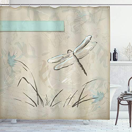 Ambesonne Dragonfly Shower Curtain, Romantic Vintage Sketch in Pastel Grass Birthday Grunge Grass Botany Artwork, Cloth Fabric Bathroom Decor Set with Hooks, 75" Long, Seafoam Tan